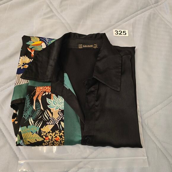 Zara Black Top L Jungle Safari Animal Print Asymmetrical Artcore Blouse SilkFeel - Picture 8 of 8